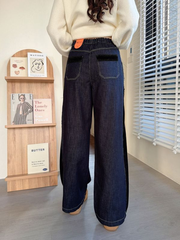 WQA12 燈心絨黑邊長腿丹寧褲 