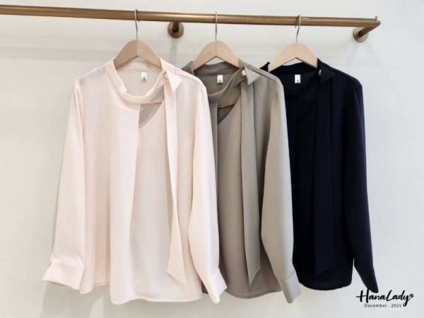 WQA48 簡約珍珠領結雪紡衫 