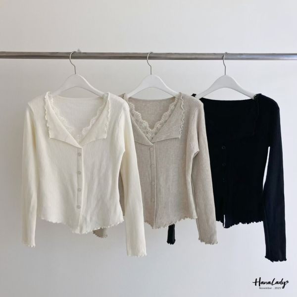 WJA04 蕾絲翻領修身針織上衣 