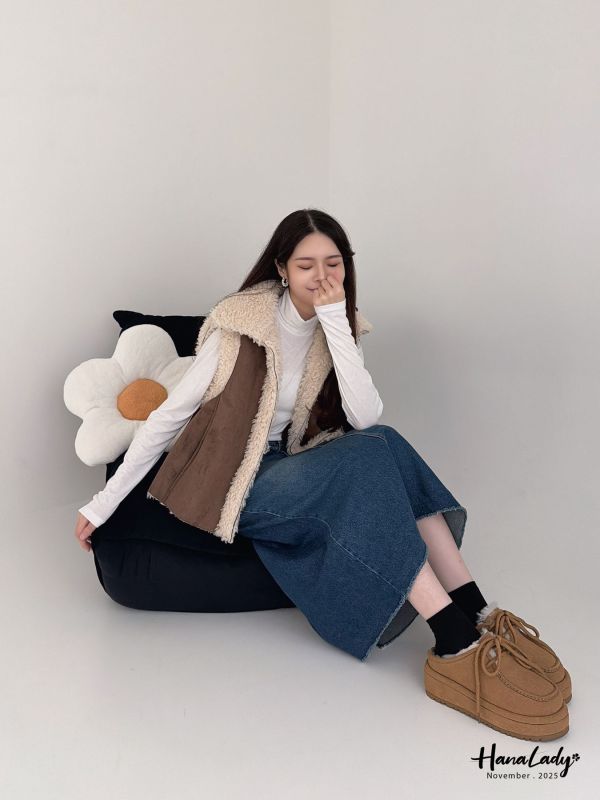 WJA74 麂皮拼毛暖暖翻領背心 