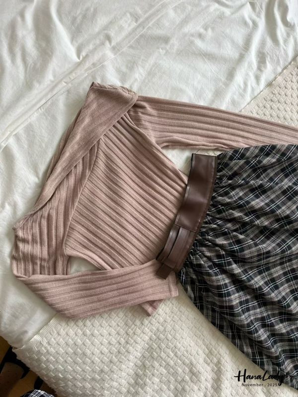 WJA36 造型皮邊格紋長裙 