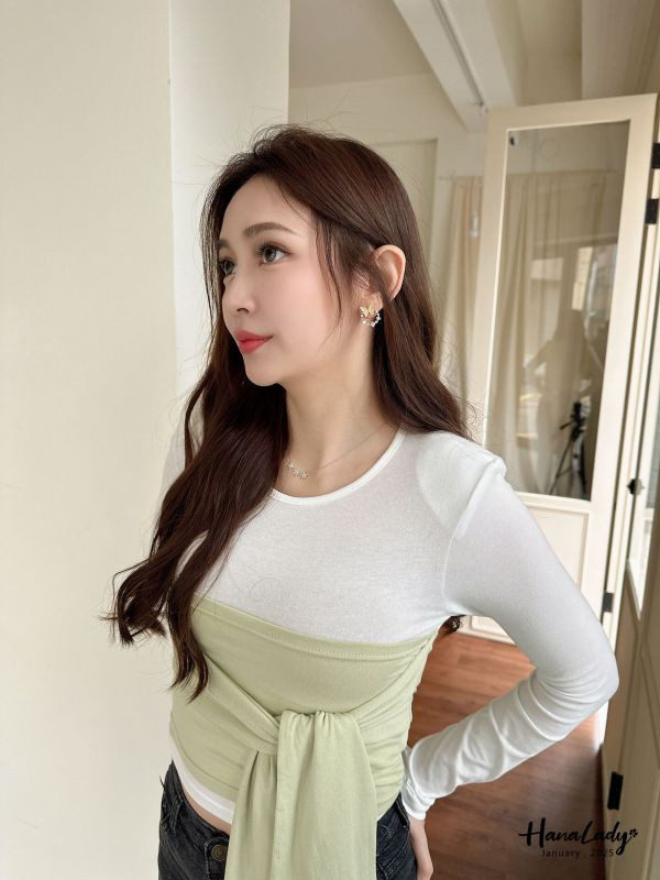 WEA81 舒服混棉綁帶假兩件上衣 