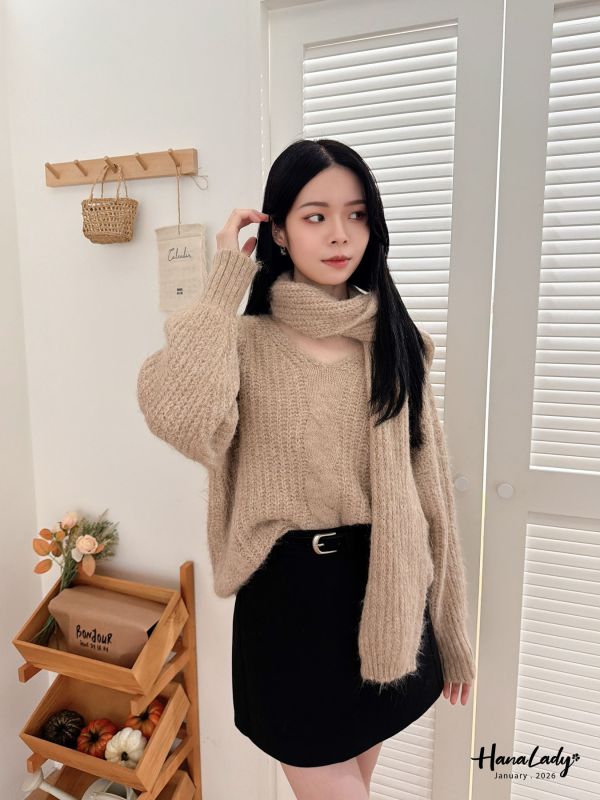 LEA32 麻花V領羊毛上衣附圍巾 