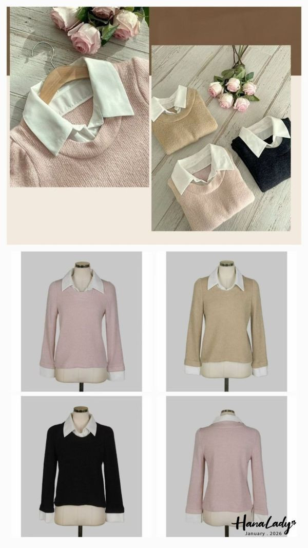 LEA29 假兩件襯衫領針織上衣 