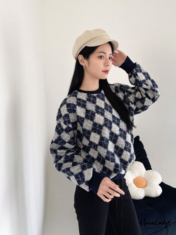 LEA99 灰藍菱格紋毛料針織上衣 