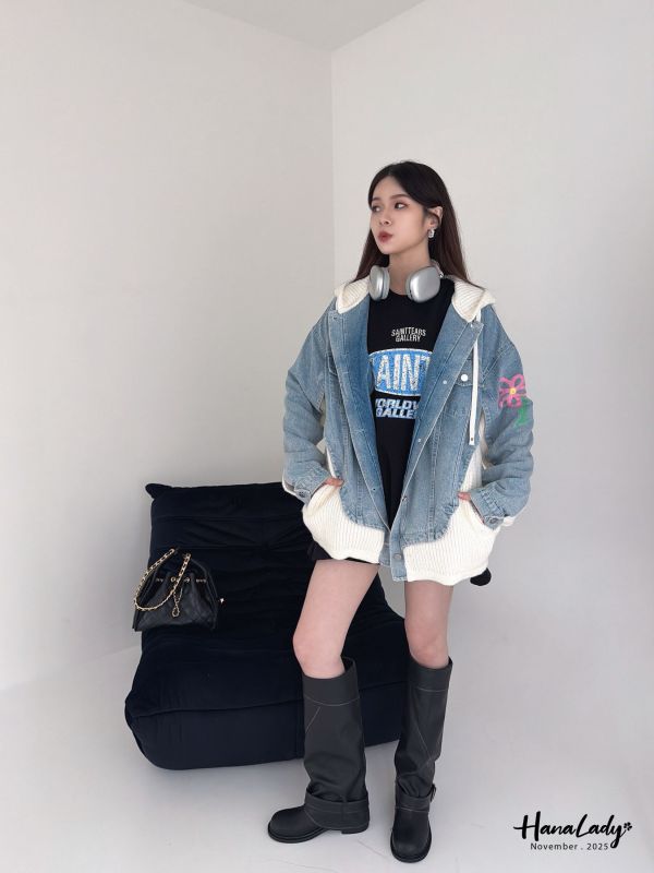 WJA78 街頭塗鴉風拼接單寧外 