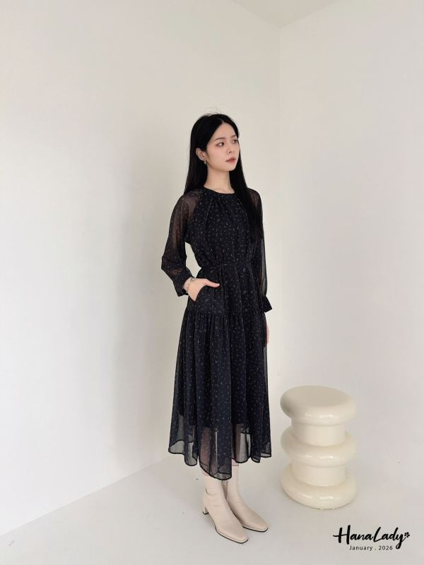 LEA90 復古透袖設計排釦長洋 