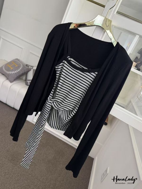 WJA50 收腰綁帶兩件式條紋上衣 