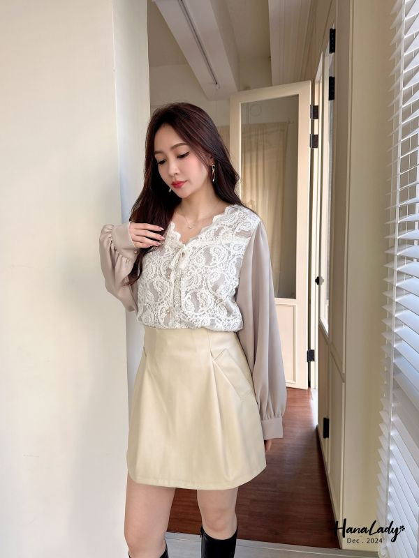 FQA82 綁結滿版蕾絲拼接雪紡衫 