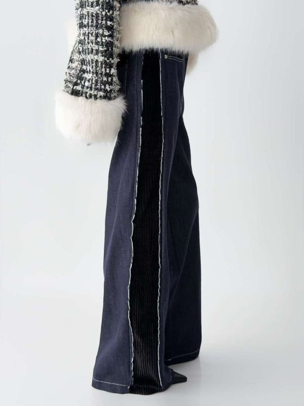 WQA12 燈心絨黑邊長腿丹寧褲 