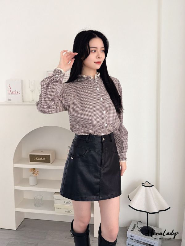 LEA67 拼接蕾絲領格紋襯衫 