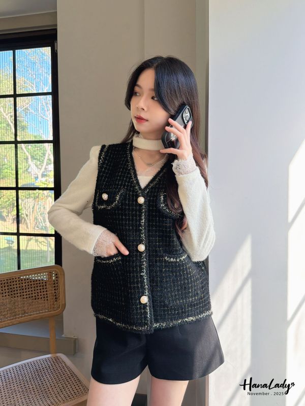 WJB42 金蔥點綴珍珠釦毛料背心 