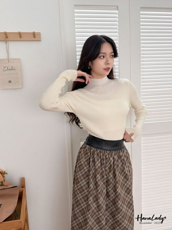 WJA36 造型皮邊格紋長裙 