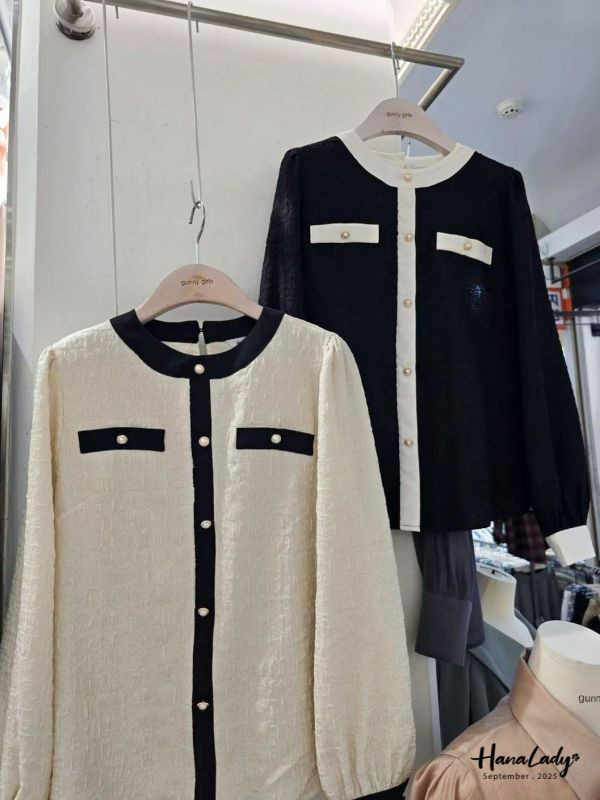 WKA19 餅乾布珍珠釦小香風上衣 