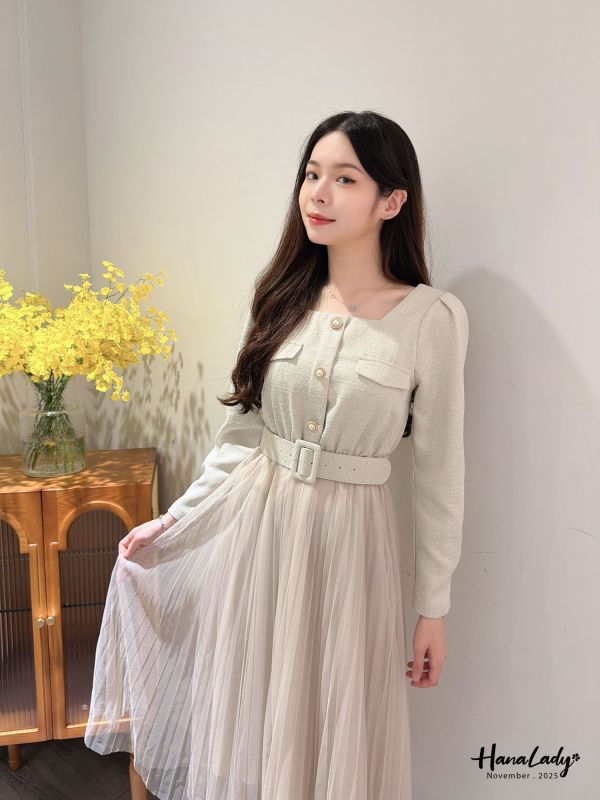 WJA58 精緻珍珠金釦接紗長洋 