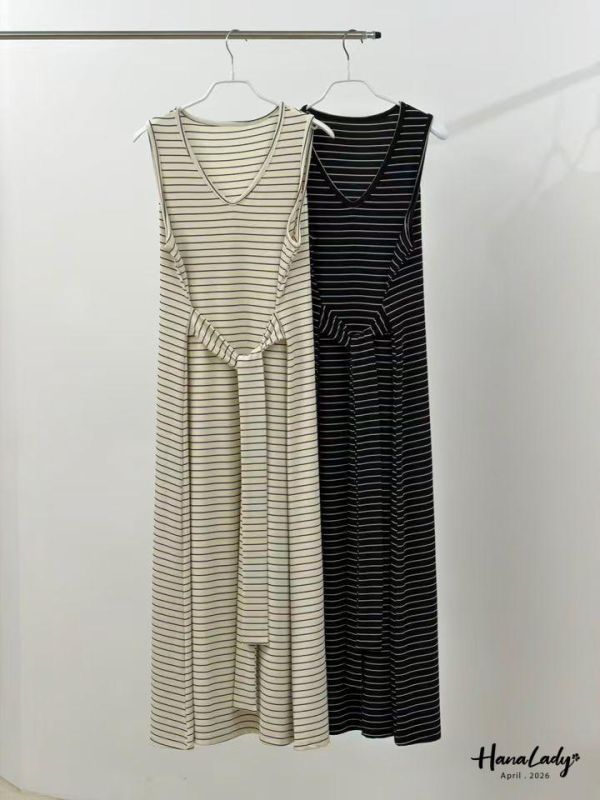 LFA84 涼感綁帶設計條紋長洋 