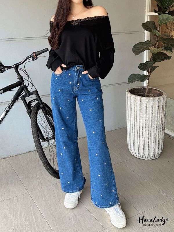 WTB28 燙銀愛心直筒丹寧褲 