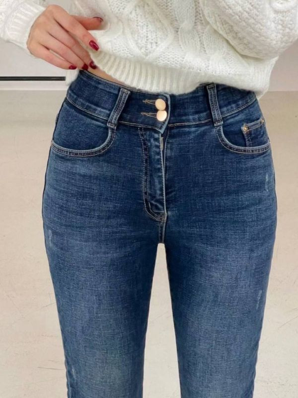 WQB65 顯瘦雙釦設計內磨毛丹寧褲 