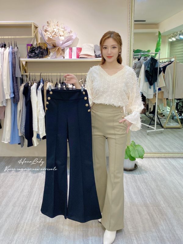 RJB18 高腰寬帶雙排金釦喇叭褲-現貨 