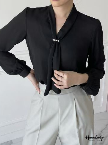 WTA65 柔美珍珠領巾雪紡衫 