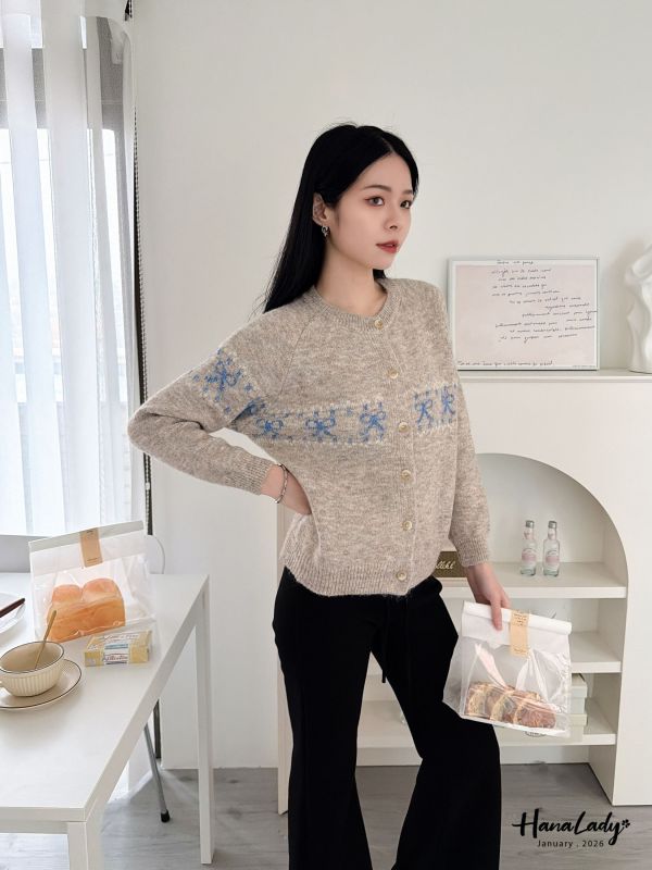 LEA07 象牙釦蝴蝶結針織外 