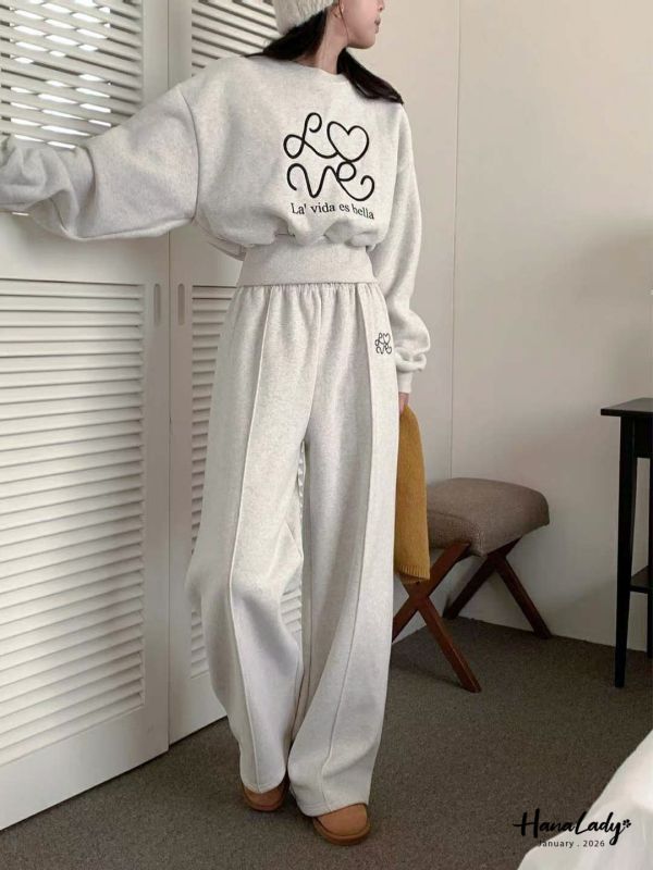 LEA97 刺繡LOVE愛心內刷毛套裝 