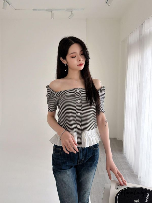 LFA31 條紋裙擺設計方領上衣 