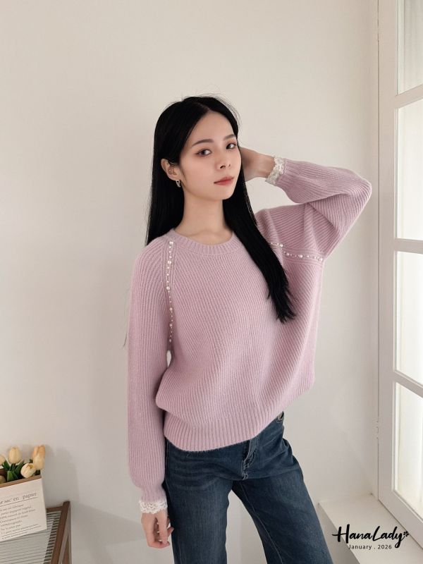 LEA10 銀蔥細閃釘珠蕾絲袖上衣 