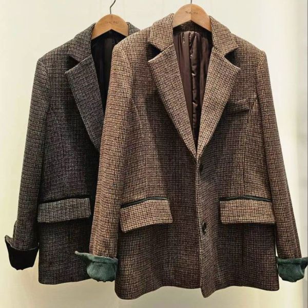 WQA79 燈心絨反摺袖格紋羊毛西外 