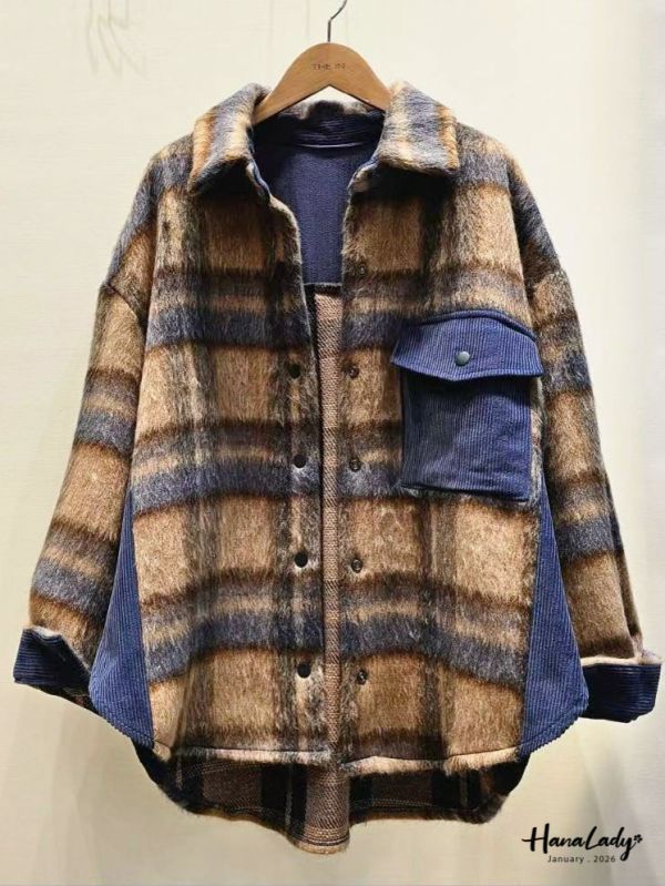 LEA75 棉絨拼接燈心絨格紋衫 