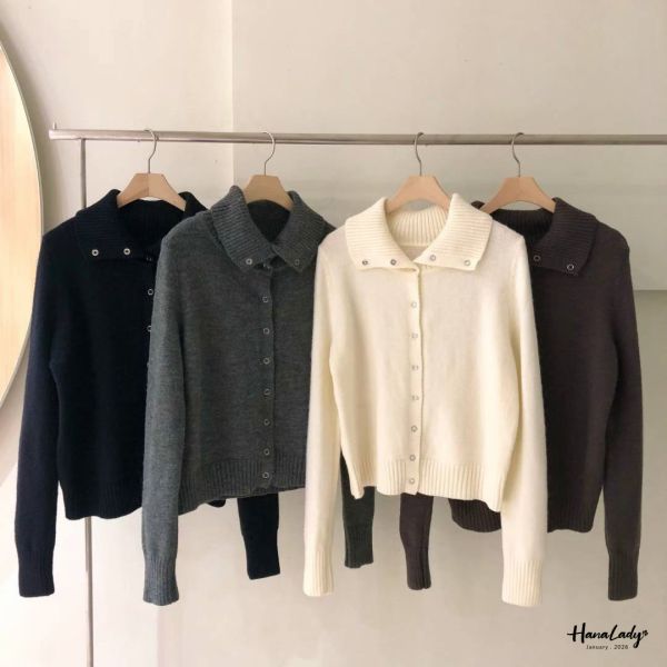 LEB02 簡約壓釦翻領針織上衣 