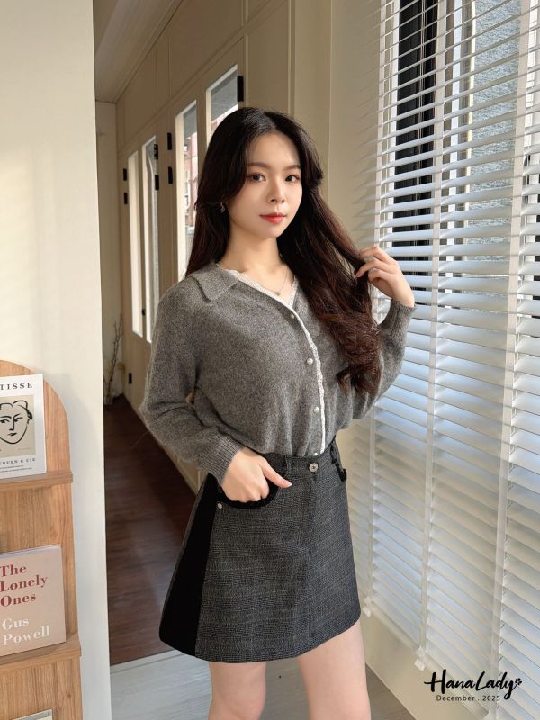 WQA58 蕾絲邊針珠釦毛料針織衫 