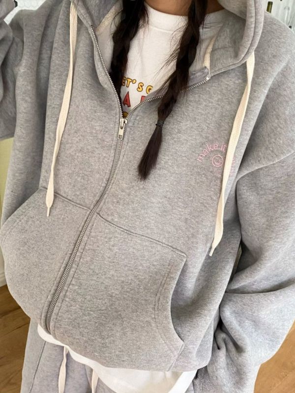 WQA03 微笑刺繡內刷毛連帽拉鍊外 