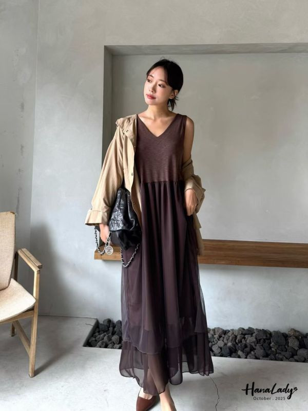 WTA23 異材質拼接層次網紗長洋 