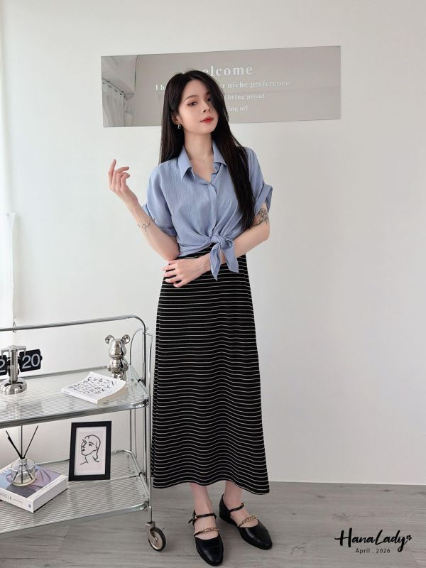 LFA84 涼感綁帶設計條紋長洋 