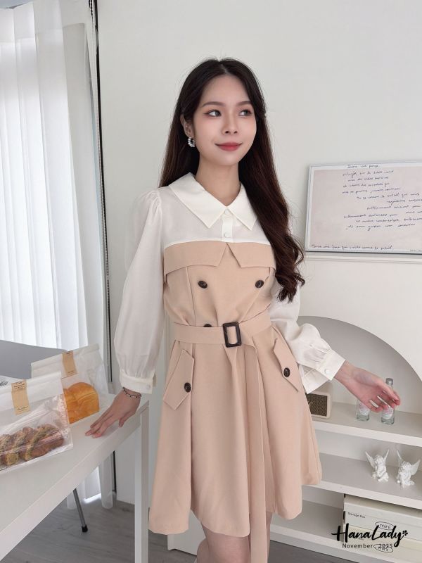 WJA46 知性拼色收腰雪紡短洋 