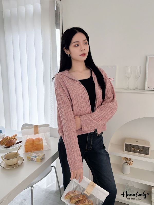 LEA64 超嫩Q麻花連帽針織拉鍊外 