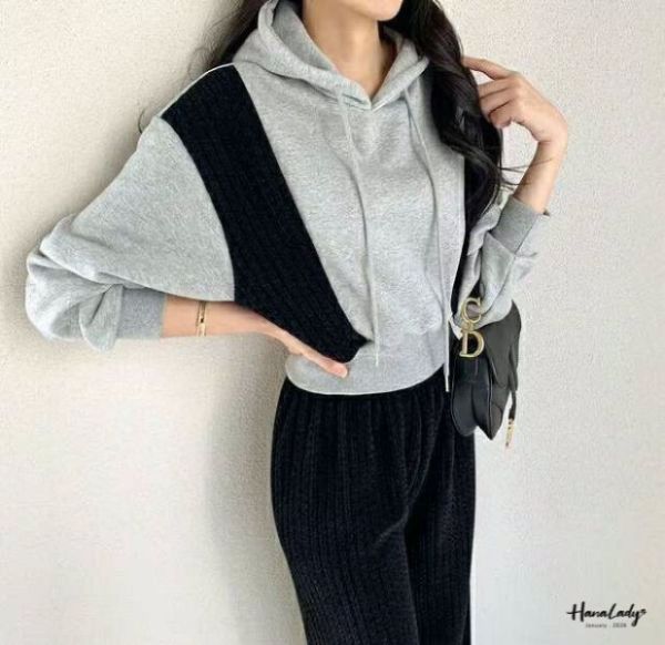 LEA98 絨布拼接內刷毛連帽套裝 