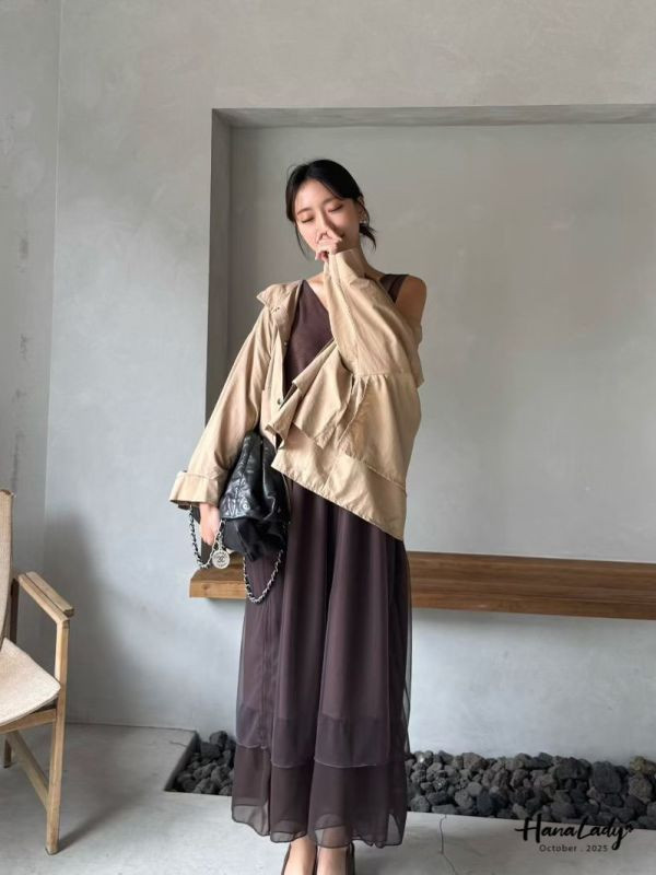 WTA23 異材質拼接層次網紗長洋 