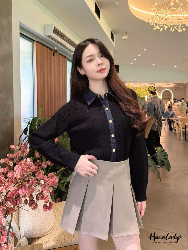 WJB17 俐落針織拼接丹寧上衣 