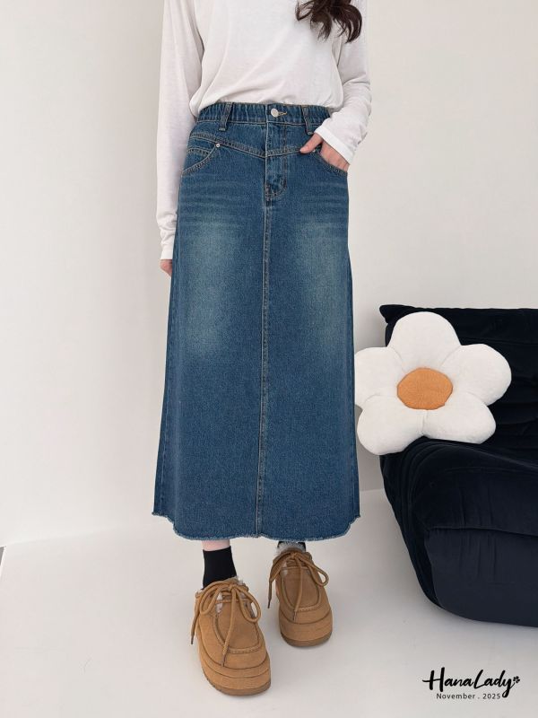WJA38 簡約直筒後開衩丹寧裙 