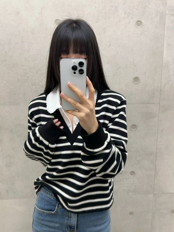 WQA32 假兩件條紋襯衫領上衣 