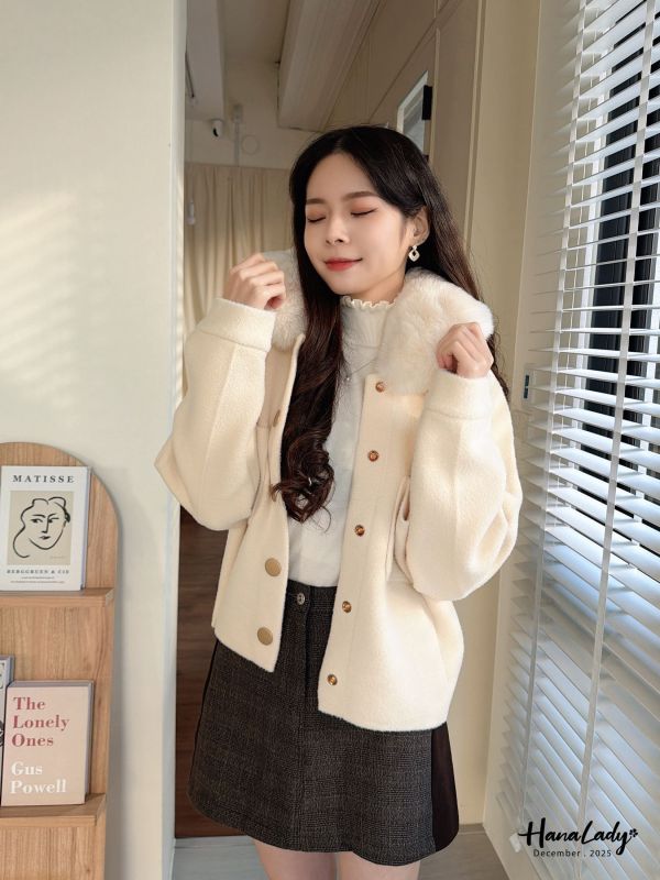 WQA25 毛領金釦嫩Q針織外毛可拆 