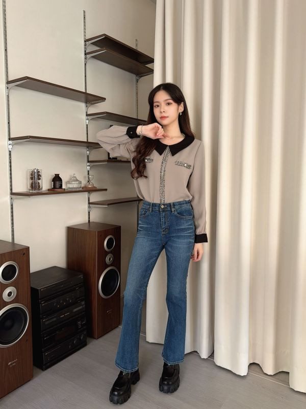 WQA45 毛呢線條小香風雪紡衫 