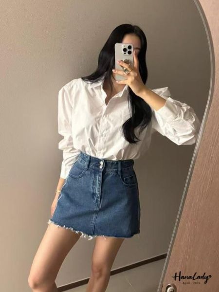 LFA63 雙釦車線顯瘦A字版丹寧褲裙 