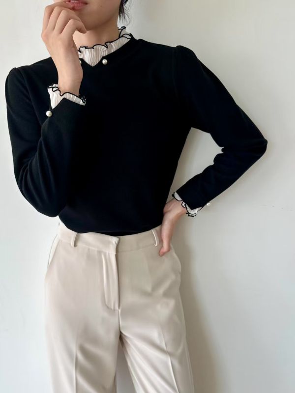 WQA60 接紗滾邊珍珠純色上衣 