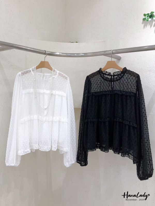 WJA39 日系透袖領層次波點上衣 