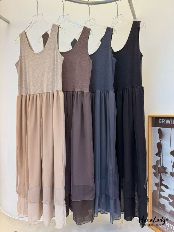 WTA23 異材質拼接層次網紗長洋 