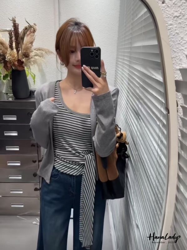 WJA50 收腰綁帶兩件式條紋上衣 