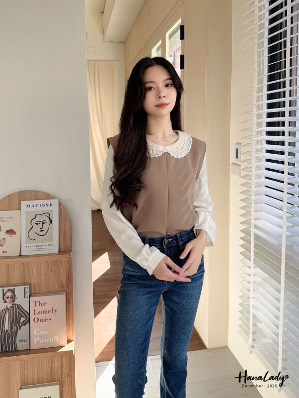 WQA52 刺繡雕花領雪紡上衣 